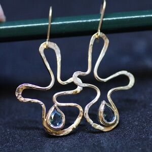 Handmade Natural Swiss Blue Topaz Earrings Solid 14K Yellow Gold 4th Anniversary